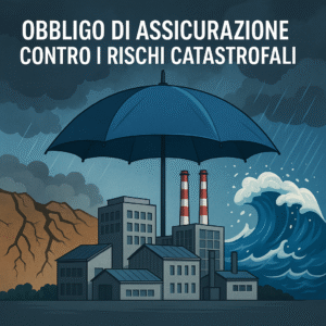 Un grande ombrello simbolico protegge edifici industriali da terremoti, alluvioni e mareggiate, rappresentando la nuova normativa che introduce l’obbligo di assicurazione contro i disastri naturali per tutelare imprese e cittadini.