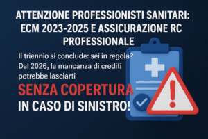 Grafica informativa per professionisti sanitari che avverte sull’importanza dei crediti ECM 2023-2025 per mantenere valida la copertura RC professionale. Sullo sfondo blu compare un’icona medica e un segnale di pericolo rosso con punto esclamativo, accompagnato dal testo “Senza copertura in caso di sinistro”.
